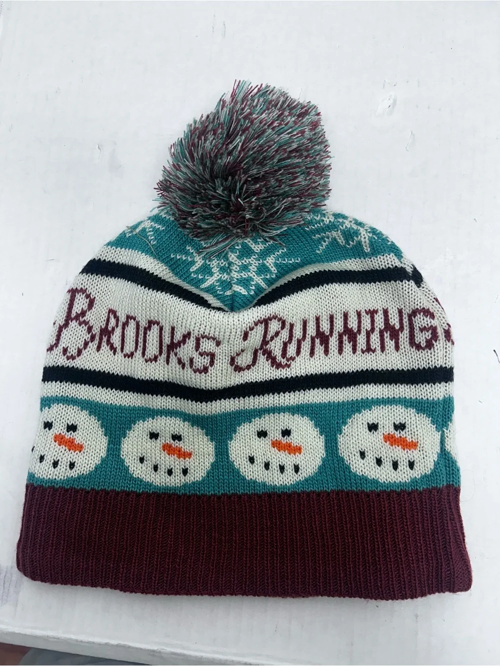 Brooks Teal, Maroon & Cream Knit Pom Beanie snowman